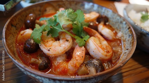 Seafood soup with shrimps and mussels in a bowl