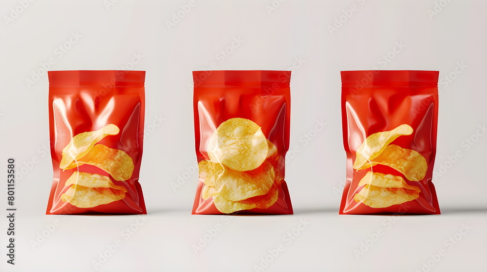 Realistic red potato chips packaging mockups for flow pack collection ...