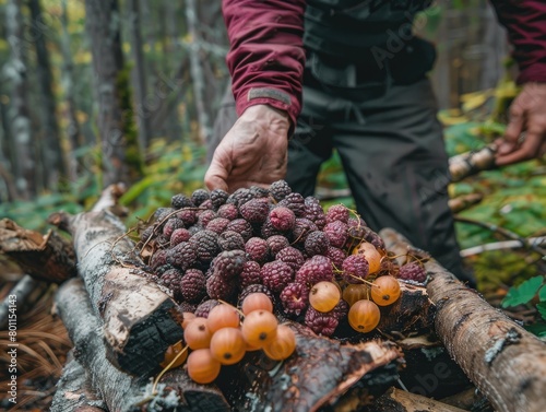 Collecting Firewood and Foraging for Wild Berries Around Campsite - Sustainability - Outdoor Living Photography with Campers Gathering Natural Resources - Forest Floor Abundant with Edibles 