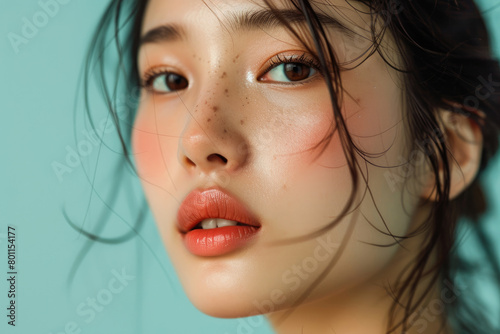 Asian Model Natural Look on Solid Color Background
