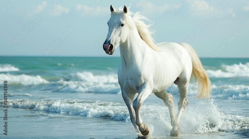 Obraz premium Dramatic portrait of a white horse galloping along the seashore