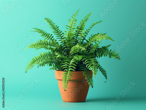 Lush fern in terracotta pot on turquoise