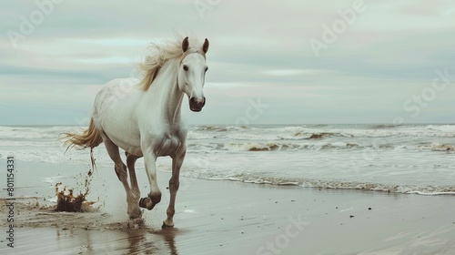 Dramatic portrait of a white horse galloping along the seashore
