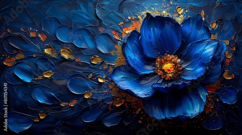  its center is yellow, encircled by golden petals, while the remainder is adorned with blue ones photo