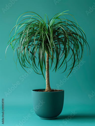Ponytail Palm in a pot on teal backdrop.
