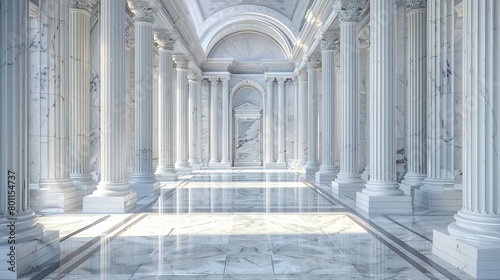 Grand entrance to an opulent palace, featuring silver tones, a pathway, and imposing columns photo