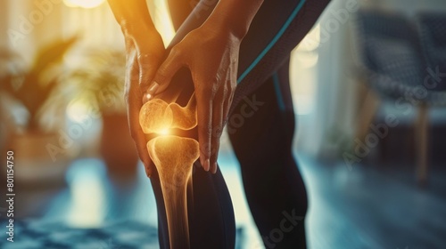 Knee pain, joint inflammation, bone fracture, woman suffering from osteoarthritis, leg injury photo