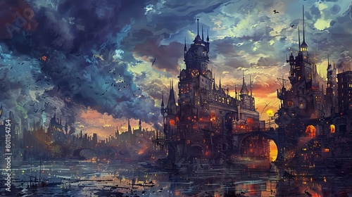 Artistic cartoon depiction of a fantasy apocalyptic city