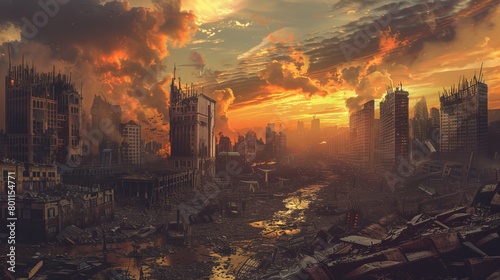Artistic cartoon depiction of a fantasy apocalyptic city