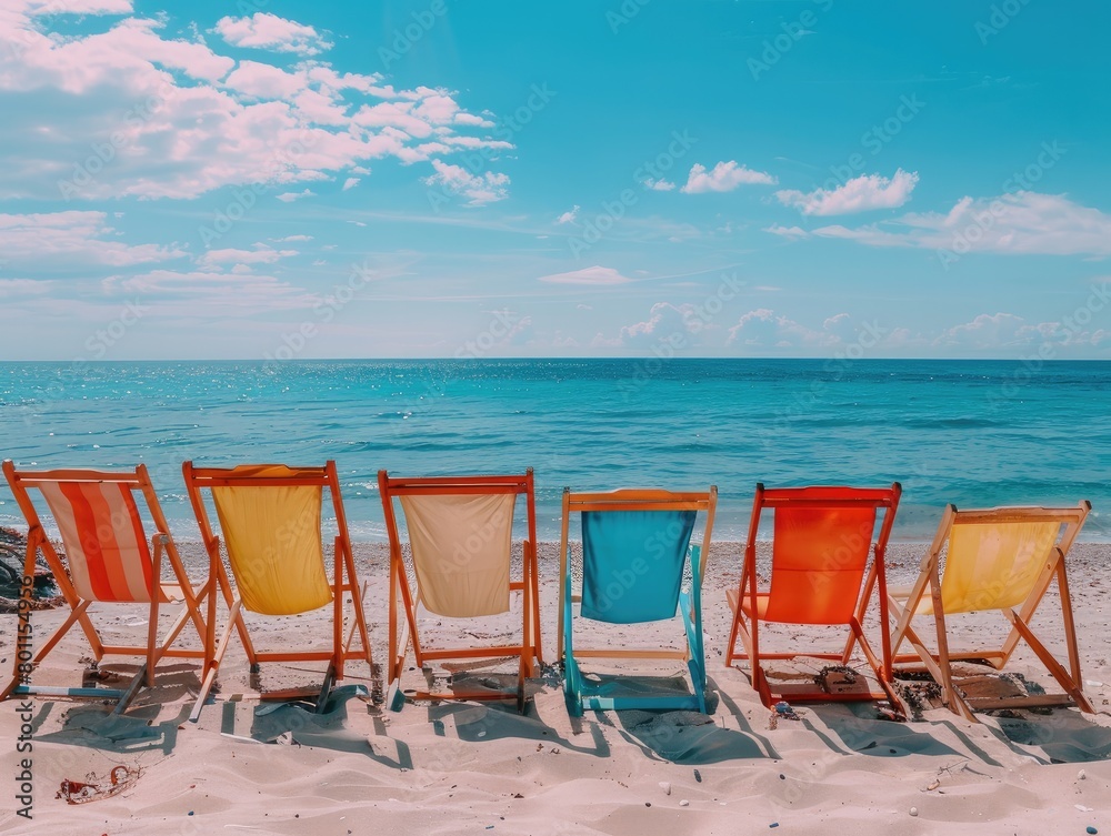 Setting Up Colorful Beach Chairs for a Relaxing Afternoon - Comfort - Lifestyle Photography with Empty Chairs Facing Ocean - Inviting Scene for Rest and Relaxation