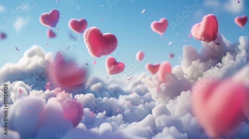 3D rendering of fluffy hearts soaring in the sky