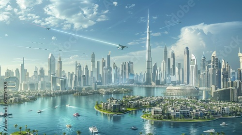 A futuristic cityscape of Dubai featuring the Burj Khalifa and detailed, photo-realistic buildings, cars, and flying taxis
