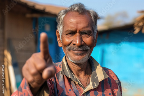 indian senior man showing finger after voting photo