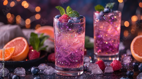A glass of pink drink with blueberries and mint is on a table with other fruits