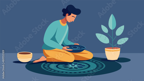 In a cozy studio a potter sits in silence lost in thought as she delicately etches a mandala design onto a ceramic plate..