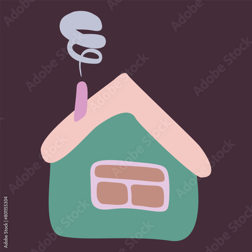 Small Colorful crooked house in Flat style with Smoke from Chimney, Roof and Window. Cartoon Children drawing Vector Isolated illustration. Design art Home for Sticker, Card, Poster.