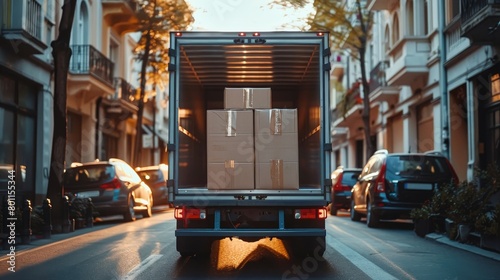 A truck is driving down a street with boxes on the back