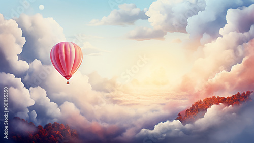 A balloon is flying about the sky among the clouds, a background postcard in watercolor style