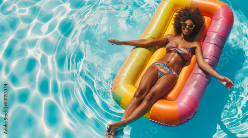 Afro woman sunbathing in the pool in her summer free time - African girl floating on colorful inflatable bed in swimming pool - Holiday vacation and tropical resort concept - Models by AI generative #801155354