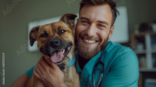 Vet with a beaming smile hugging a joyful dog. Cheerful veterinarian and happy dog sharing affection. Friendly vet and dog in a heartwarming clinic scene. Pet care concept. Vet clinic ads banner