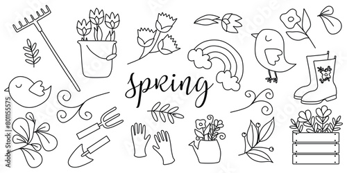 Set of Doodle Spring elements. Coloring book for kids with Flowers, Tools and Nature. Outline Vector Object for Design, Postcard, Card, Poster, Sticker pack. Decor for holiday of March 8, Easter.