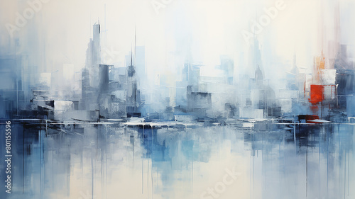 Urban landscape in watercolor paints  skyscrapers and buildings reflected in water  rainy sad day in blue and white tones  background color image