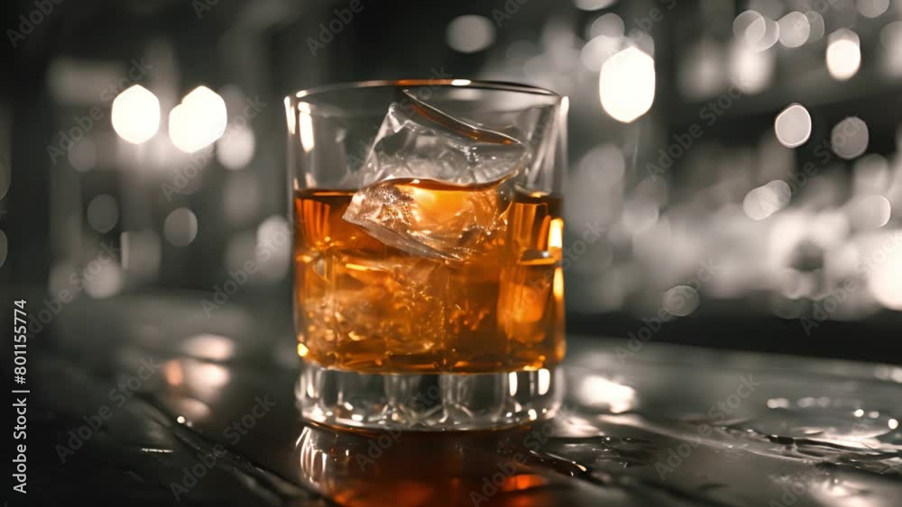 Detailed shot of whiskey and ice, highlighting its rich color and enticing allure. Detailed shot of whiskey and ice, highlighting its rich color and enticing allure.