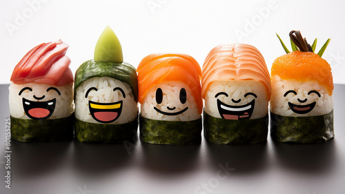 Mouth-watering funny rolls with salmon  rice  avocado   seafood for children  funny the smile on the character s face