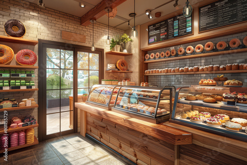 Donut cafe vector illustration. Cartoon donut coffee shop. Variety of delicious donuts. Donut shop vector illustration. Assorted donuts illustration