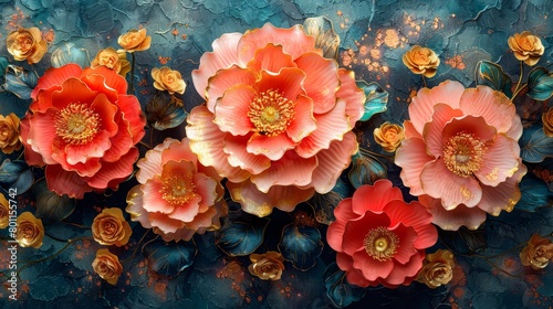  A tight shot of an arrangement of flowers against a blue backdrop Gold and scarlet blooms occupy the frame's center