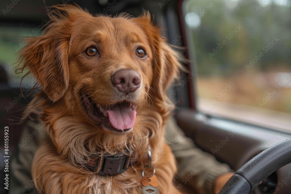 Happy brown dog with the owners shot sitting in a car in the winter vacation.