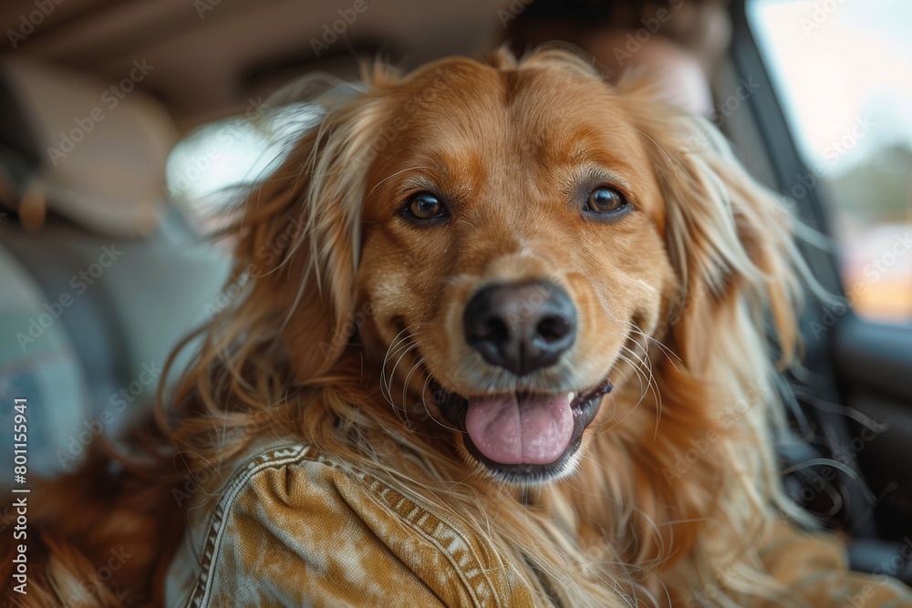 Happy brown dog with the owners shot sitting in a car in the winter vacation.