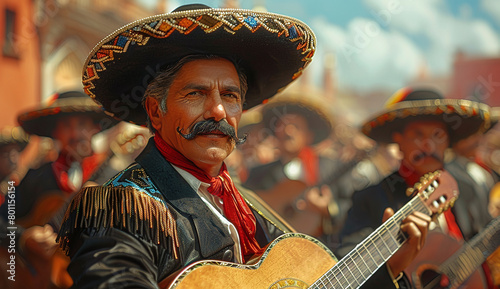 A mariachi musician with a mustache, wearing a traditional sombrero and charro outfit, playing a guitar with other musicians in the background. photo