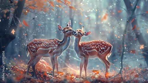 Two deer show their love by kissing each other on the cheek in a forest with maple leaves
