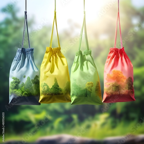 A colorful tote ecology bag hanging with nature background