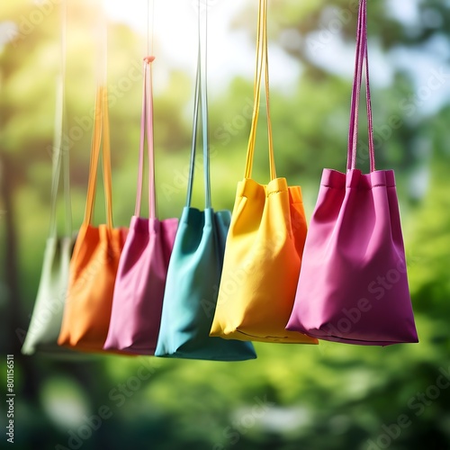 A colorful tote ecology bag hanging with nature background