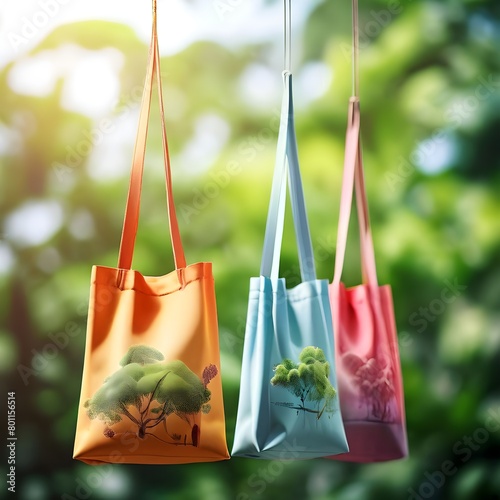 A colorful tote ecology bag hanging with nature background © Julio