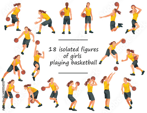 18 women's basketball girl players in yellow jersey standing with the ball, running, jumping, throwing, shooting, passing the ball