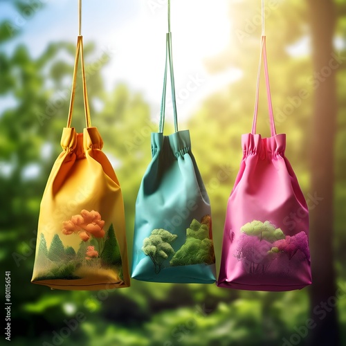 A colorful tote ecology bag hanging with nature background