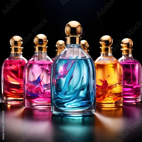 A colorful perfume liquid inside the transparent bottle