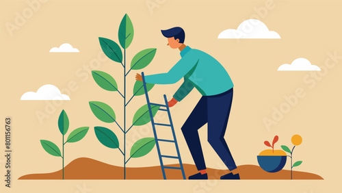 A man standing on a ladder carefully positioning a sapling in the ground. Despite the physical challenges his determination to contribute to the. Vector illustration