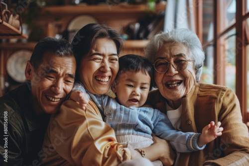 Portrait of happy multi-generation multiethnic family having fun together at home, Generative AI photo
