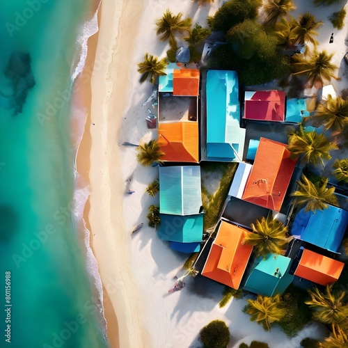 An aerial view of colorful cottages along the beach