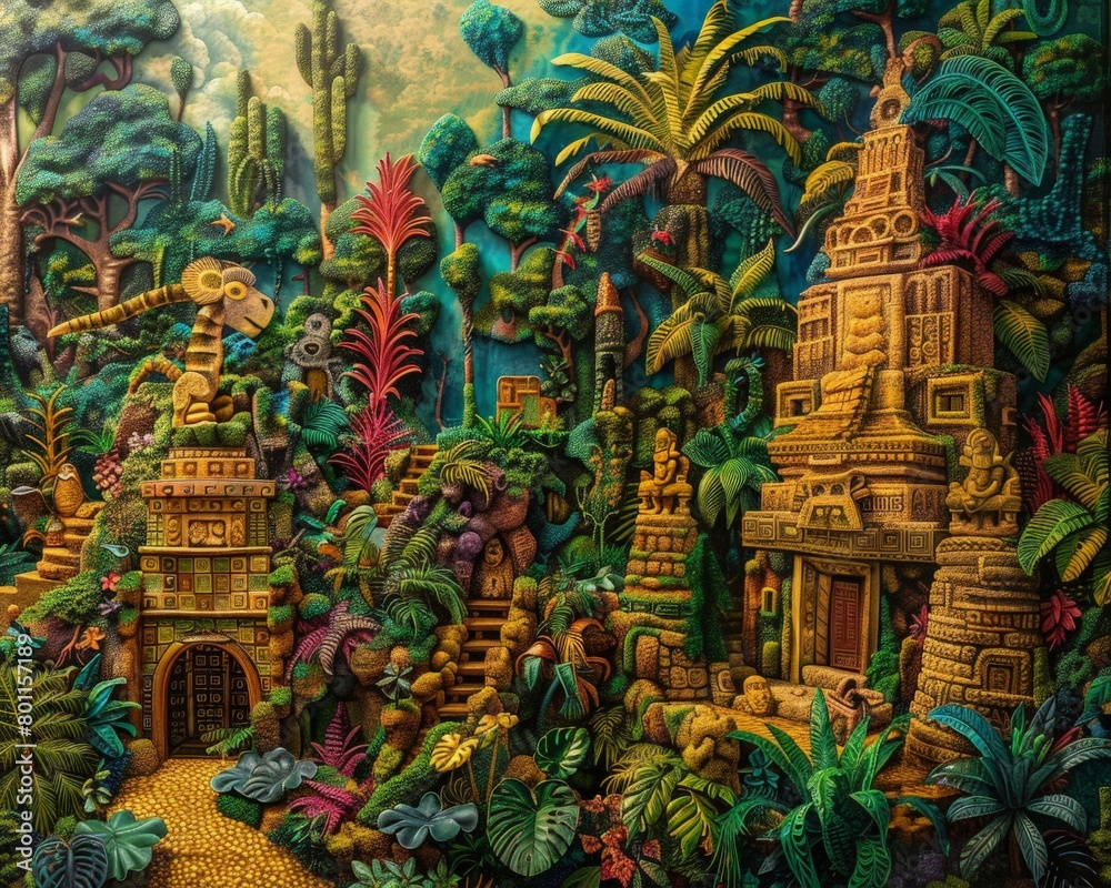 A mythical lost city with ancient temples is hidden deep within a lush jungle. The intricate details evoke the mystery and wonder of lost civilizations like the Aztec or Mayan.