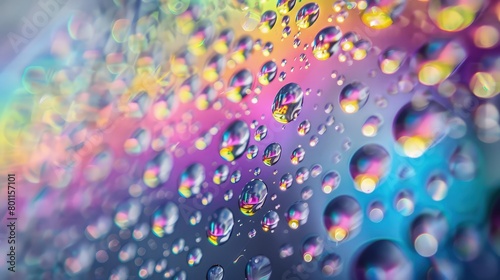 A close-up view of a glass surface covered in water droplets, with a vibrant burst of radial rainbow colors softly focused in the background. 