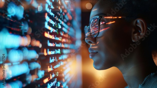 Wallpaper Mural Programmer or IT person in glasses and on a 3D screen thinking about data analytics, digital technology, and cybersecurity. Code hologram and woman on tablet thinking about data analytics, digital Torontodigital.ca