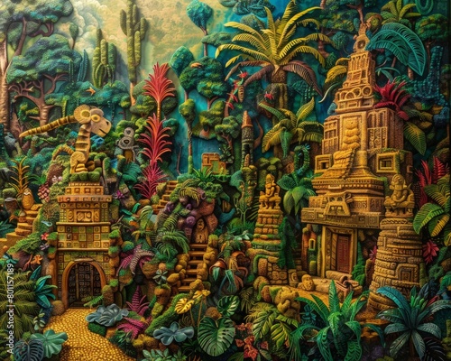 A mythical lost city with ancient temples is hidden deep within a lush jungle. The intricate details evoke the mystery and wonder of lost civilizations like the Aztec or Mayan.