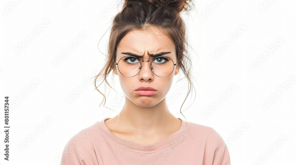 Displeased young woman with eyeglasses on white background