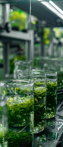 A row of green plant glasses are filled with water