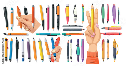 An illustration of writing and drawing tools in hand, with a pencil, pen, stylus and felt-tip pen.